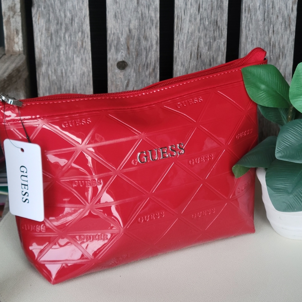 Red Patent GUESS Shiny Finish Embossed Cosmetic Zip Pouch